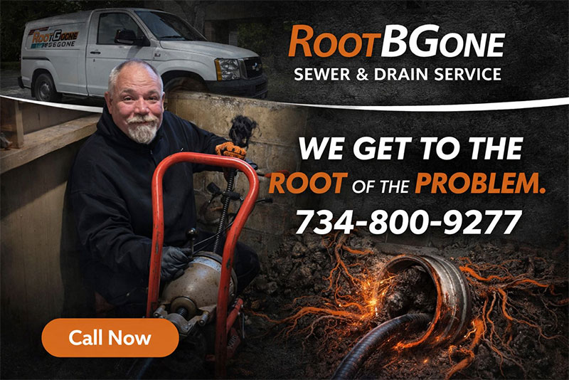 A plumber from ROOTBGONE Sewer & Drain Service uses a drain machine next to their van. Trusted plumbers who get to the root of the problem. Call 734-800-9277. Roots clogging a pipe are shown below.